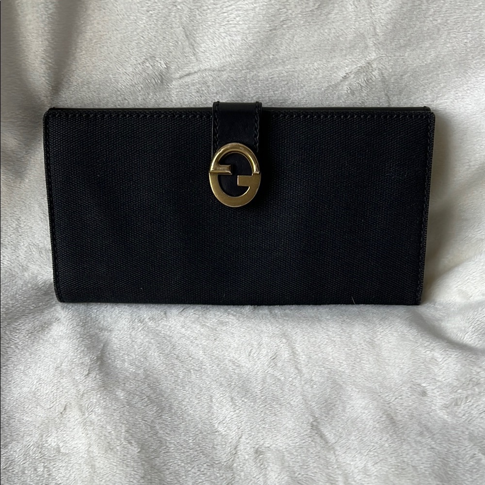 Gucci Leather and Canvas Black Long Wallet with Gold Hardware
